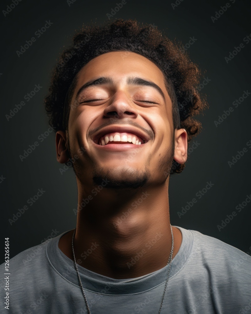 Obraz premium Close-Up Portrait of Young Man Laughing with Ecstatic Expression – Genuine Emotion