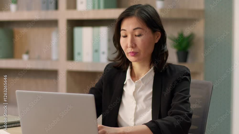 Chinese korean businesswoman Asian woman employer manager owner business company leader japanese girl entrepreneur online work study laptop e-commerce at office workplace smiling looking at camera Chinese korean businesswoman Asian woman employer manager owner business company leader japanese girl entrepreneur online work study laptop e-commerce at office workplace smiling looking at camera