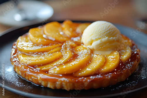 Delicious caramelized apple tarte tatin with scoop of vanilla ice cream
