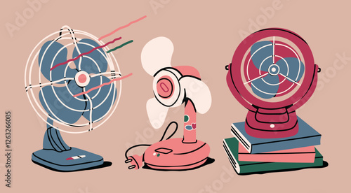 Home and office electric table air Fan set. Various types. Cartoon modern flat style. Climate control, ventilation, conditioning concept. Hand drawn Vector illustration. Isolated design elements