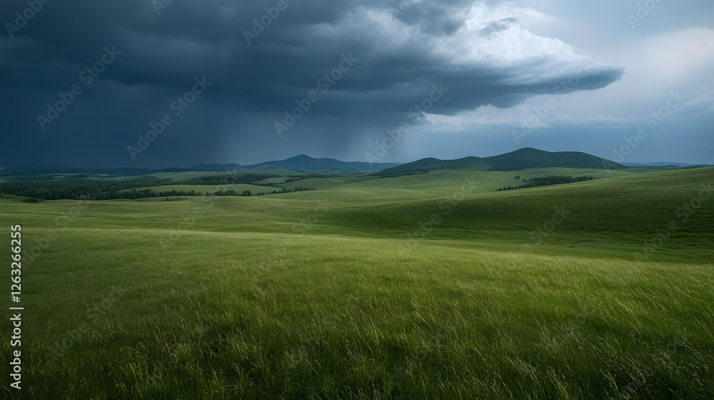 Lush green meadow landscape with a moody sky and distant rain shower, evoking a sense of drama and tranquility in nature. Peaceful country view. Lush green meadow landscape with a moody sky and distant rain shower, evoking a sense of drama and tranquility in nature. Peaceful country view.