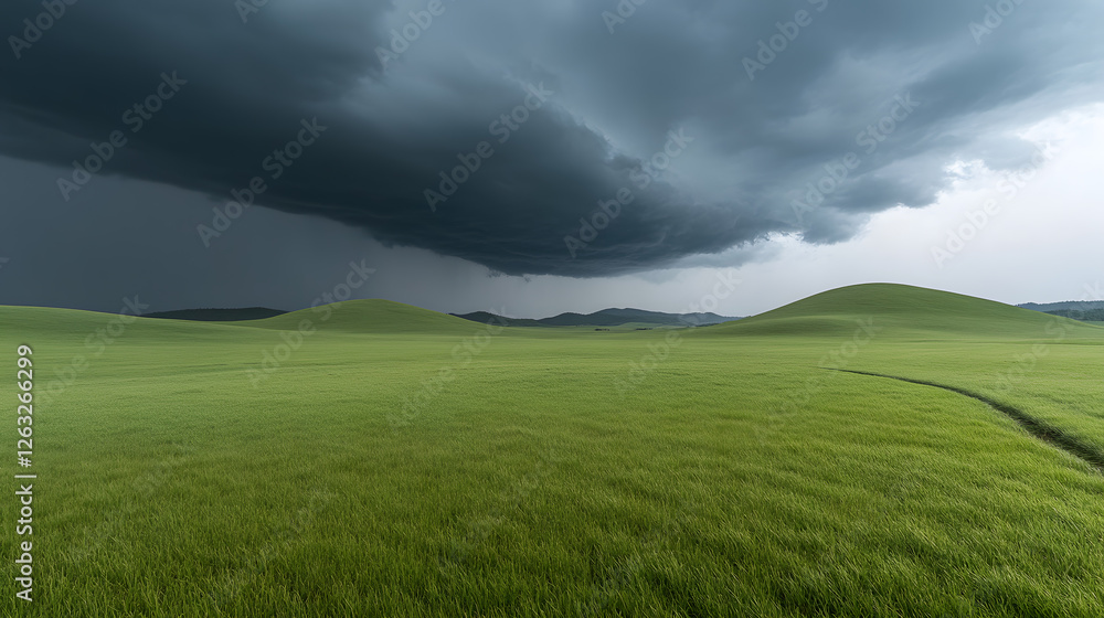 Obraz premium Dramatic storm clouds gather above rolling green fields, creating a stunning contrast between light and shadow, serene landscape, and ominous sky.