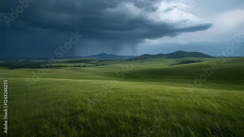 Fototapeta Naklejka Na Ścianę i Meble -  Lush green meadow landscape with a moody sky and distant rain shower, evoking a sense of drama and tranquility in nature. Peaceful country view.