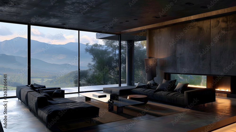 Modern living room with panoramic mountain view, featuring minimalist furniture and tranquil ambiance Modern living room with panoramic mountain view, featuring minimalist furniture and tranquil ambiance