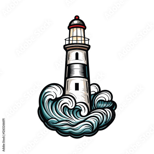 Create an editable stroke vector graphic of a solitary lighthouse surrounded by turbulent ocean waves, suitable for nautical themed designs.