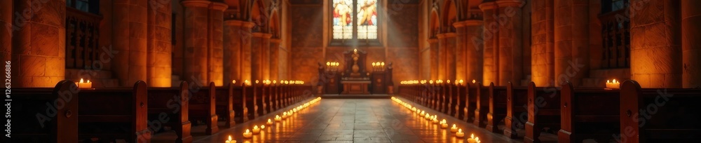 Fototapeta premium Warm candlelight casts a sense of calm over the nave, calm, peacefulness