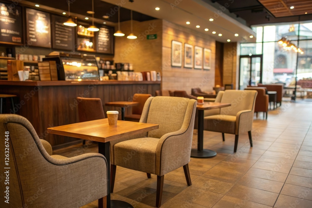 Warmly lit coffee shop with wooden tables and comfortable armchairs, plush carpet, warm colors, inviting seating Warmly lit coffee shop with wooden tables and comfortable armchairs, plush carpet, warm colors, inviting seating