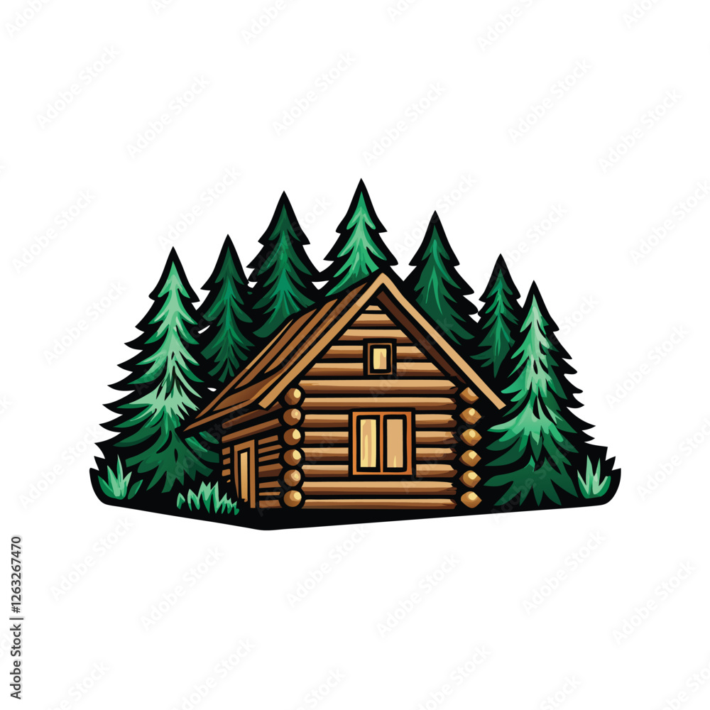 Naklejka premium Create an editable stroke vector graphic of a rustic log cabin nestled amongst lush green trees in a dense forest. Illustrate detail in the cabin's wooden texture and surrounding foliage.