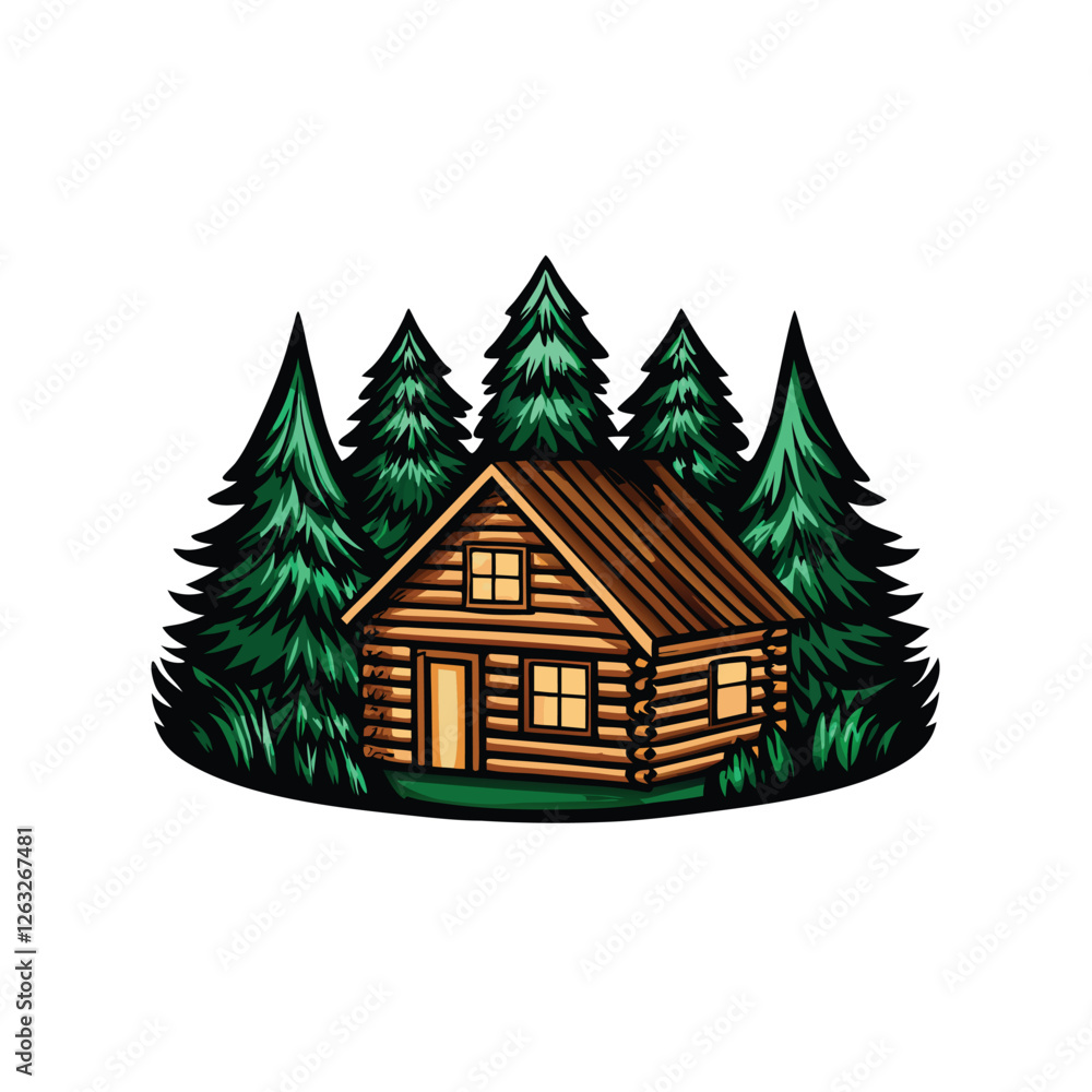 Create an editable stroke vector graphic of a rustic log cabin nestled within a dense, idyllic forest. Include detailed textures for realism. Create an editable stroke vector graphic of a rustic log cabin nestled within a dense, idyllic forest. Include detailed textures for realism.