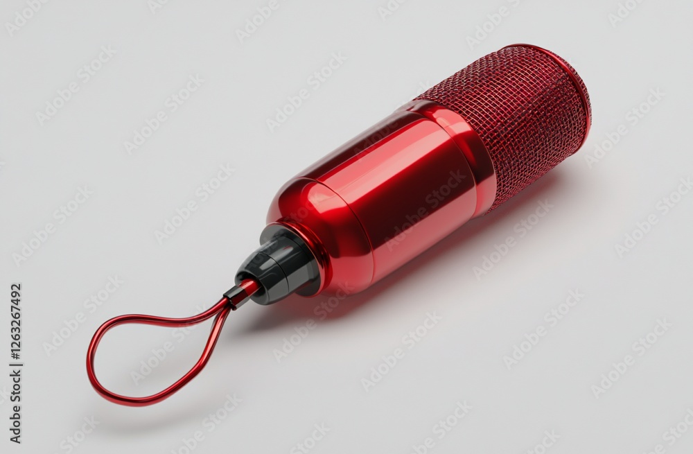 Red condenser microphone with black shock mount and loop. Red condenser microphone with black shock mount and loop.