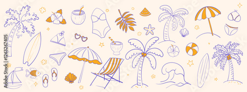 Vector set of tropical summer hand drawn elements for social media and web design Vector set of tropical summer hand drawn elements for social media and web design.