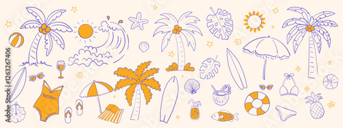 Vector set of tropical summer hand drawn elements for social media and web design Vector set of tropical summer hand drawn elements for social media and web design.