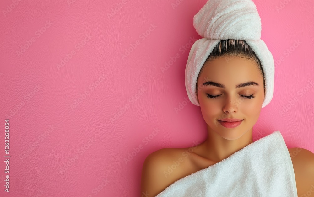 Woman relax in SPA wrapped in a soft towel. Bright pink background. top view Woman relax in SPA wrapped in a soft towel. Bright pink background. top view