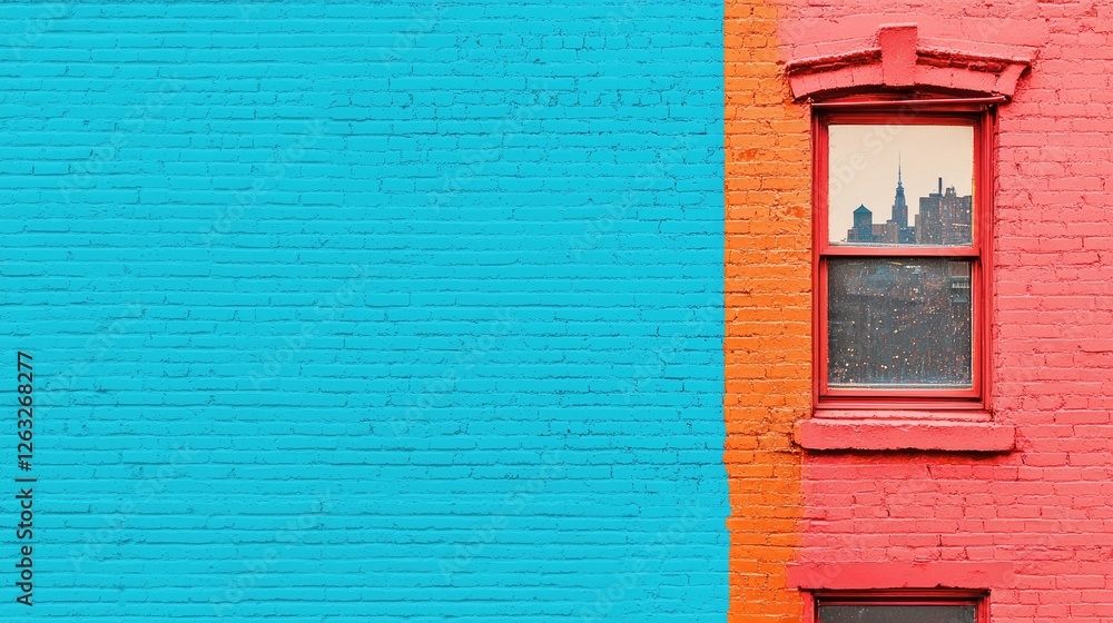 Colorful brick wall, window, city reflection, urban background, design