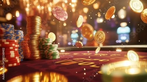 A vibrant casino scene featuring a baccarat table, stacks of poker chips, and golden coins flying through the air, illuminated by luxurious lighting.