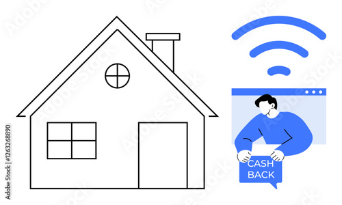 A house with internet connectivity, a man holding a cashback sign, and a web browser window. Ideal for home financing, online shopping, digital marketing, internet services, and e-commerce promotion