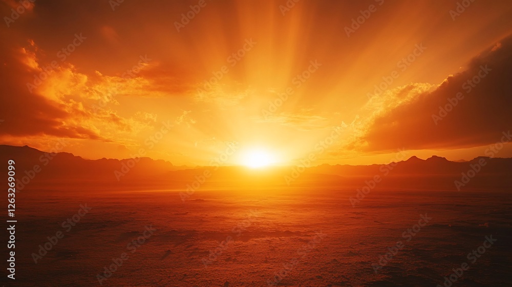 Fototapeta premium Vibrant sunset over a vast, flat desert landscape with sun rays bursting through clouds.