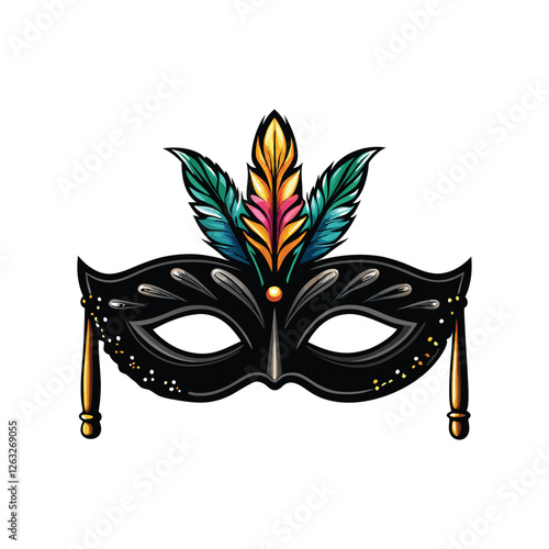 Create an editable stroke vector graphic of an elegant masquerade mask incorporating the letter 'F' subtly within the design.  Ensure high resolution for print and web.