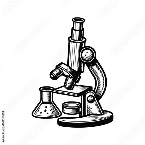 Create a clean, editable stroke vector illustration of a detailed microscope alongside common laboratory equipment.  Include realistic details for scientific accuracy.