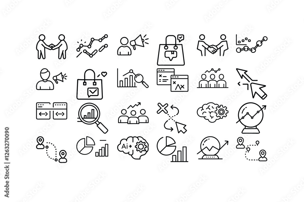 Discover a collection of outline icons related to digital marketing, featuring clean and modern linear vector illustrations. Discover a collection of outline icons related to digital marketing, featuring clean and modern linear vector illustrations.