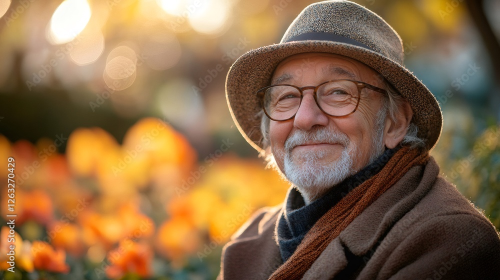 Portrait of smiling senior man enjoying golden hour in blooming garden Portrait of smiling senior man enjoying golden hour in blooming garden