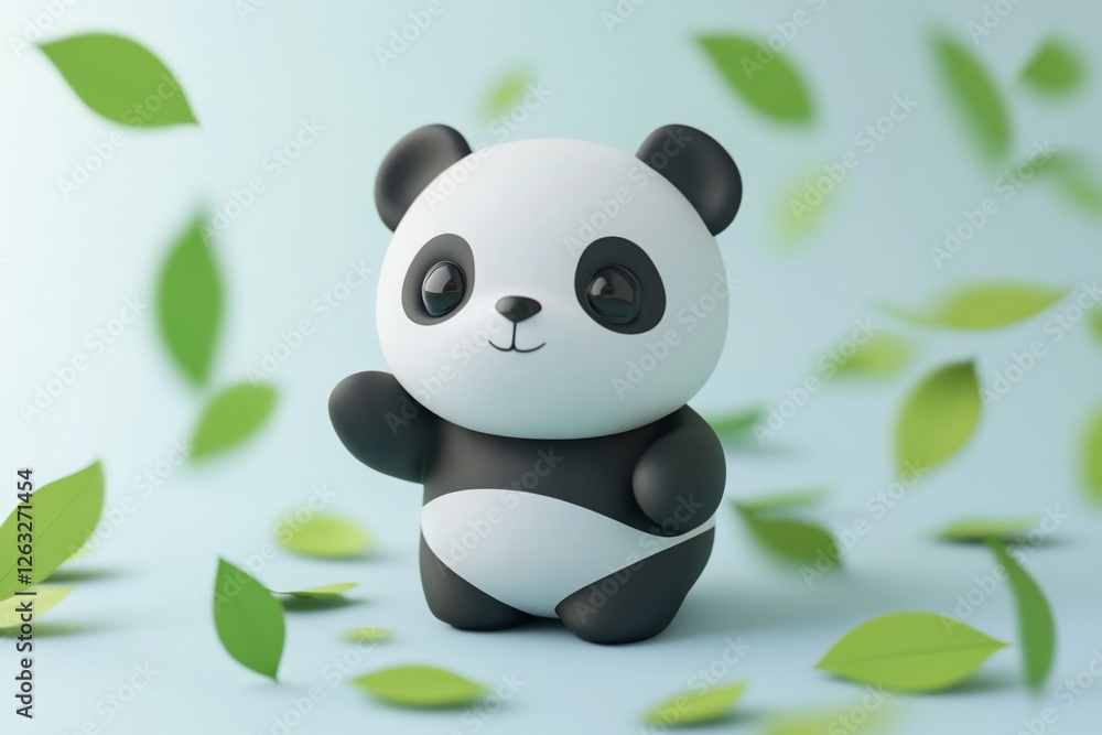 Obraz premium Cute cartoon panda bear waving amidst falling green leaves on a light blue background.