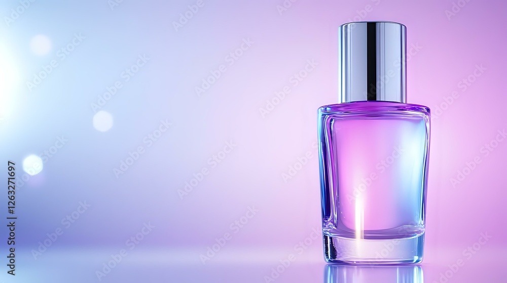Glass perfume bottle with pink and purple gradient background, glowing ethereal bokeh lights creating luxurious atmosphere for cosmetic and fragrance marketing. Glass perfume bottle with pink and purple gradient background, glowing ethereal bokeh lights creating luxurious atmosphere for cosmetic and fragrance marketing.