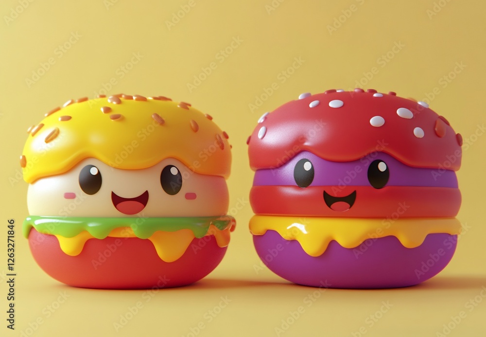 Two cute cartoon burgers, yellow and purple, smiling on yellow background. Two cute cartoon burgers, yellow and purple, smiling on yellow background.