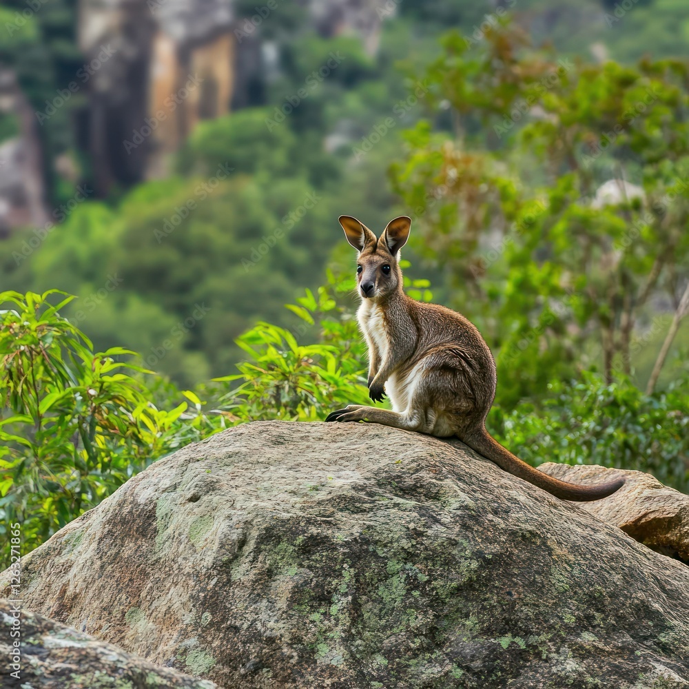 Obraz premium Kangaroo on rock outcrop, Australian wilderness, overlooking valley