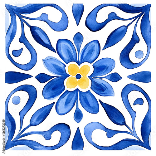 Watercolor artwork, blue and yellow azulejos tile Traditional Portuguese Mosaic