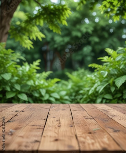 Wooden surface with green foliage out of focus in the background, surface, wooden, wood, green