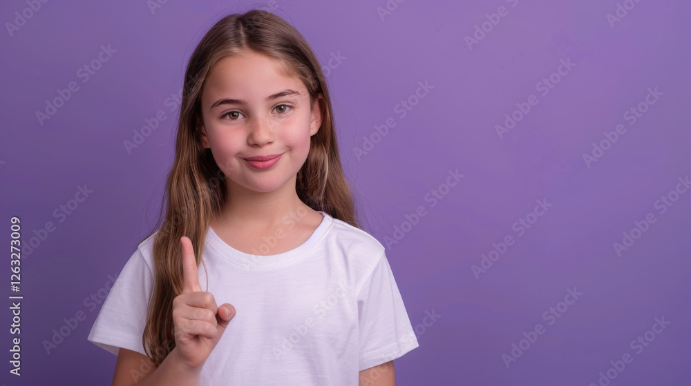 Photo of nice young girl indicate finger empty space wear shirt isolated on violet color background. Photo of nice young girl indicate finger empty space wear shirt isolated on violet color background.