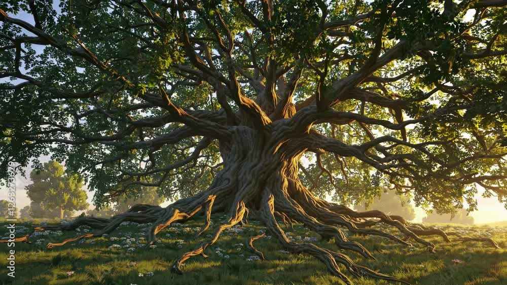 Majestic tree with sprawling branches captured from a low-angle, evoking a fantasy video game style with vibrant, detailed textures. Majestic tree with sprawling branches captured from a low-angle, evoking a fantasy video game style with vibrant, detailed textures.