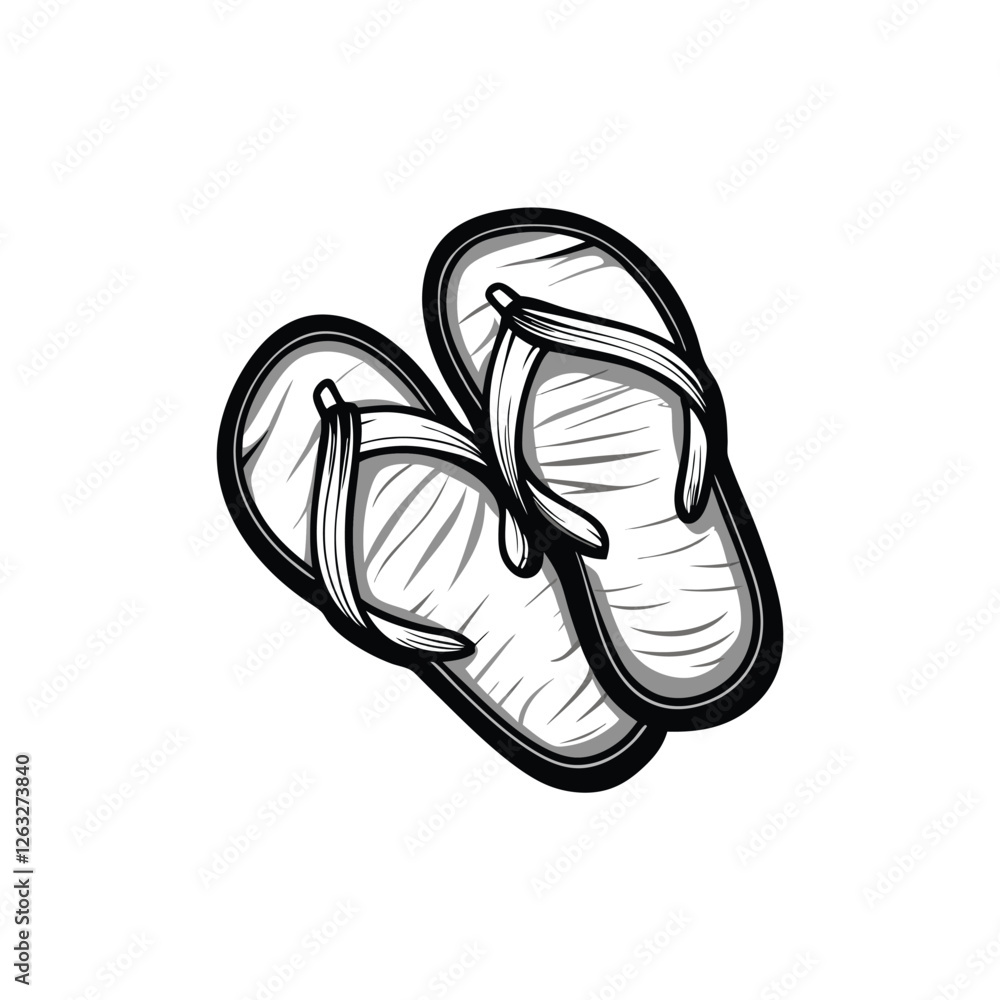 Create a clean, editable stroke vector illustration of a pair of stylish flip-flops, suitable for various design projects. Include detailed straps and sole. Create a clean, editable stroke vector illustration of a pair of stylish flip-flops, suitable for various design projects. Include detailed straps and sole.