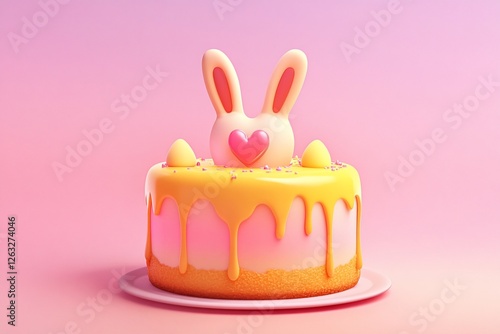 Adorable Easter bunny cake with yellow icing, pink base, and pastel eggs. photo