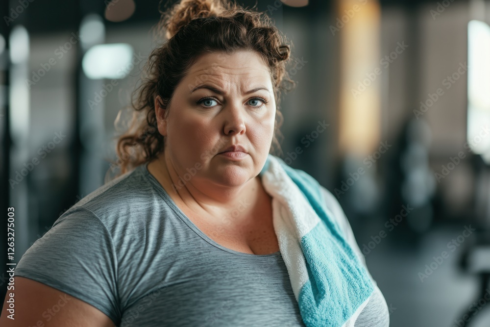 plus size woman in the gym with a towel on her shoulder plus size woman in the gym with a towel on her shoulder