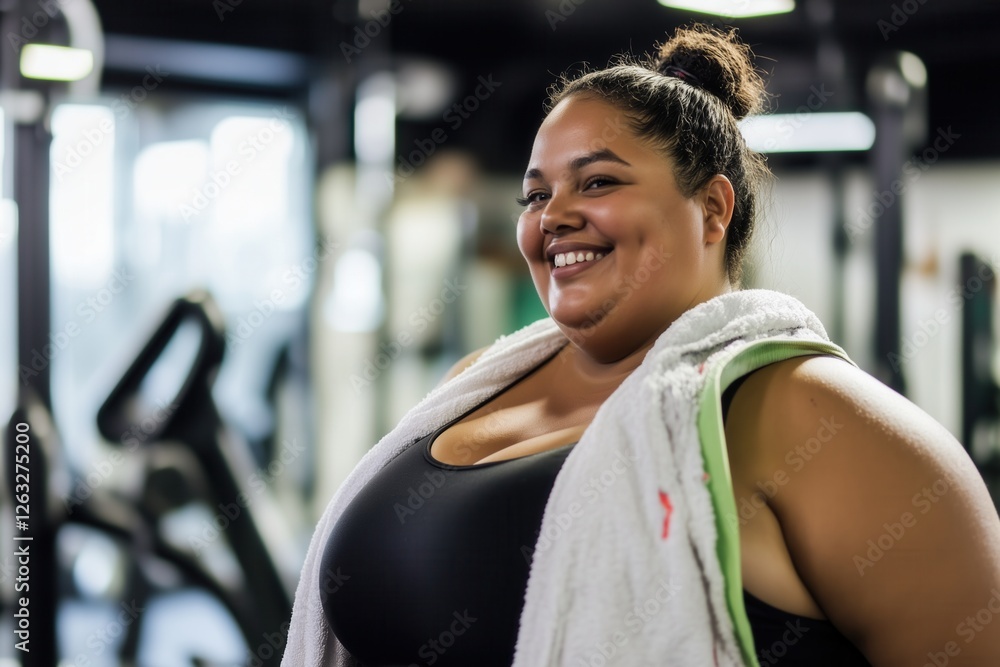 Fototapeta premium plus size woman in the gym with a towel on her shoulder