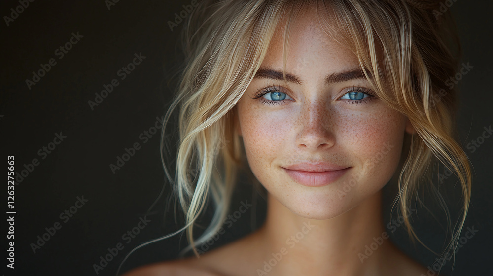 Fototapeta premium Young woman with blonde hair and blue eyes is smiling for the camera