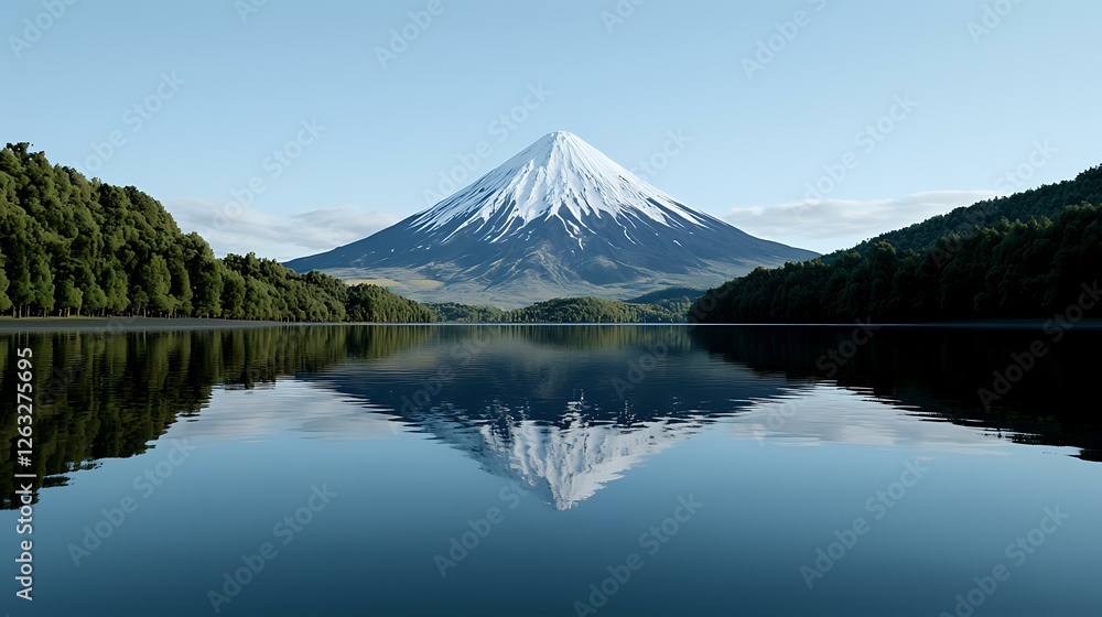 Majestic snow-capped mountain peak reflected in calm lake waters, surrounded by dense forest landscape. Mirror-like surface creates perfect symmetrical reflection. Majestic snow-capped mountain peak reflected in calm lake waters, surrounded by dense forest landscape. Mirror-like surface creates perfect symmetrical reflection.