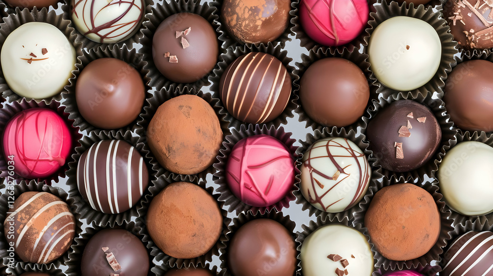 Exquisite assorted chocolate truffles presented in an elegant confectionary box for festive celebrations Exquisite assorted chocolate truffles presented in an elegant confectionary box for festive celebrations
