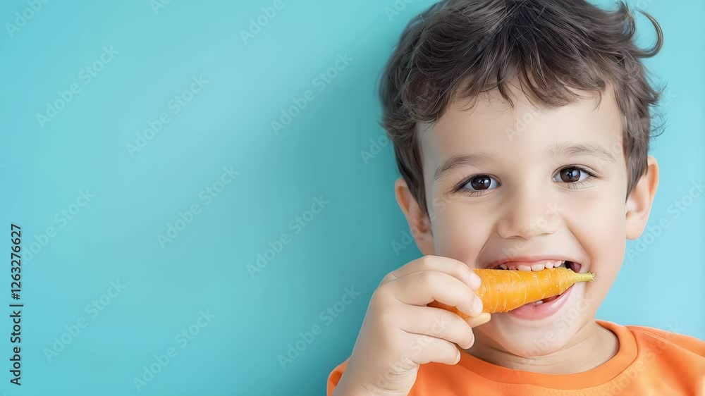 Smiling boy biting vibrant orange carrot, wearing matching shirt, glowing with happiness in blue studio setting while enjoying nutritious snack Smiling boy biting vibrant orange carrot, wearing matching shirt, glowing with happiness in blue studio setting while enjoying nutritious snack