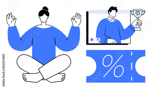Person meditating cross-legged, individual with trophy on video call, discount voucher. Ideal for balance, wellness, online achievement, reward, mindfulness e-commerce productivity. Abstract line