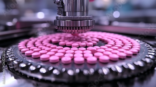 In a manufacturing facility, pink pharmaceutical tablets are being coated and polished as they move through an industrial machine, showcasing the intricate process of tablet preparation.