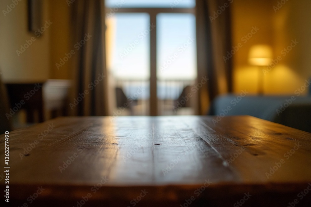 Empty wooden table in a hotel room with ocean view. Empty wooden table in a hotel room with ocean view.