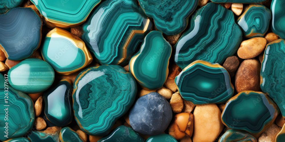 Polished malachite and agate stones with intricate banding patterns