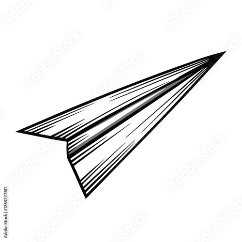 Create a dynamic editable stroke vector illustration of a paper airplane in mid-flight, showcasing sharp creases and airflow.