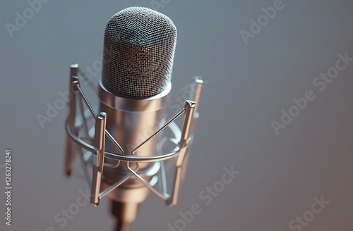 Close-up of a silver condenser microphone in a shock mount against a muted background. photo