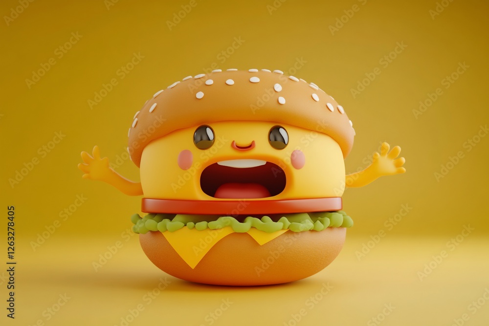 Happy cartoon burger character with open mouth, 3D render on yellow background. Happy cartoon burger character with open mouth, 3D render on yellow background.