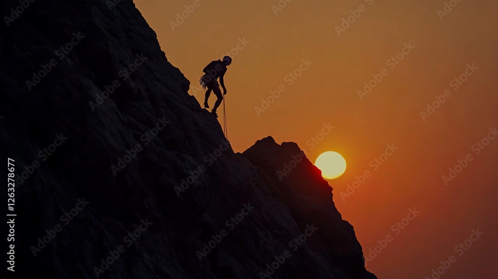 Silhouette of climber ascending a rock face during sunset. Silhouette of climber ascending a rock face during sunset.