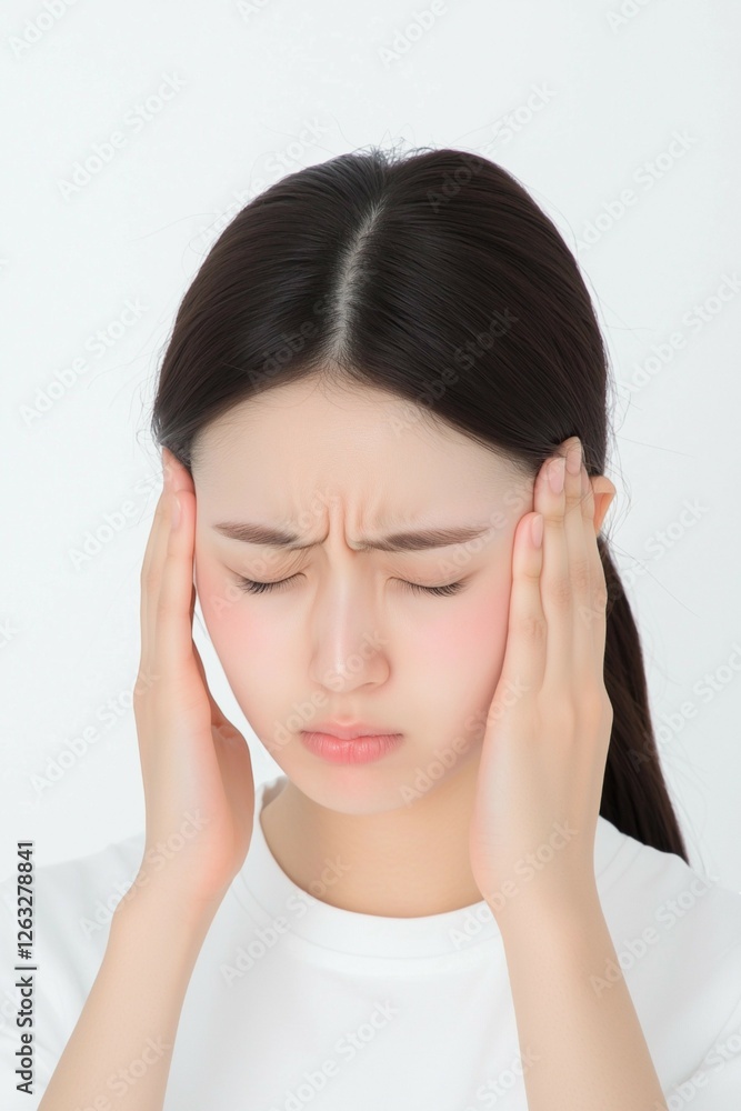 Young Woman Touching Her Temples with a Tense Expression Young Woman Touching Her Temples with a Tense Expression